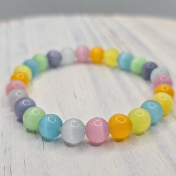Handmade Cat’s Eye Crystal Bracelet ✦ Multicolor 8mm Beads ✦ Stretch-Fit Boho - Picture 9 of 13